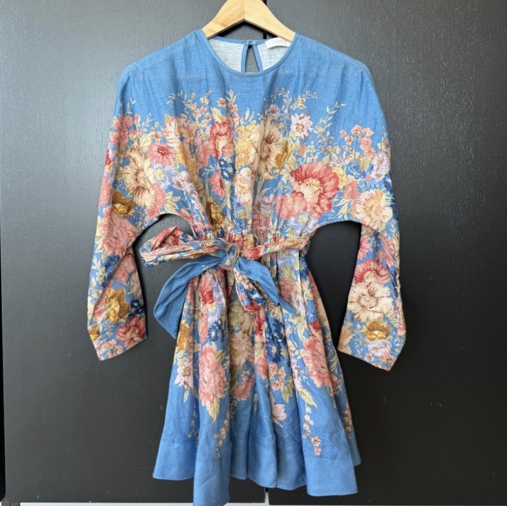 Zimmermann Linen Blue Dress with Floral Accents